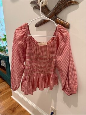 Loeffler Randall Rose Plaid Smocked Peplum Blouse